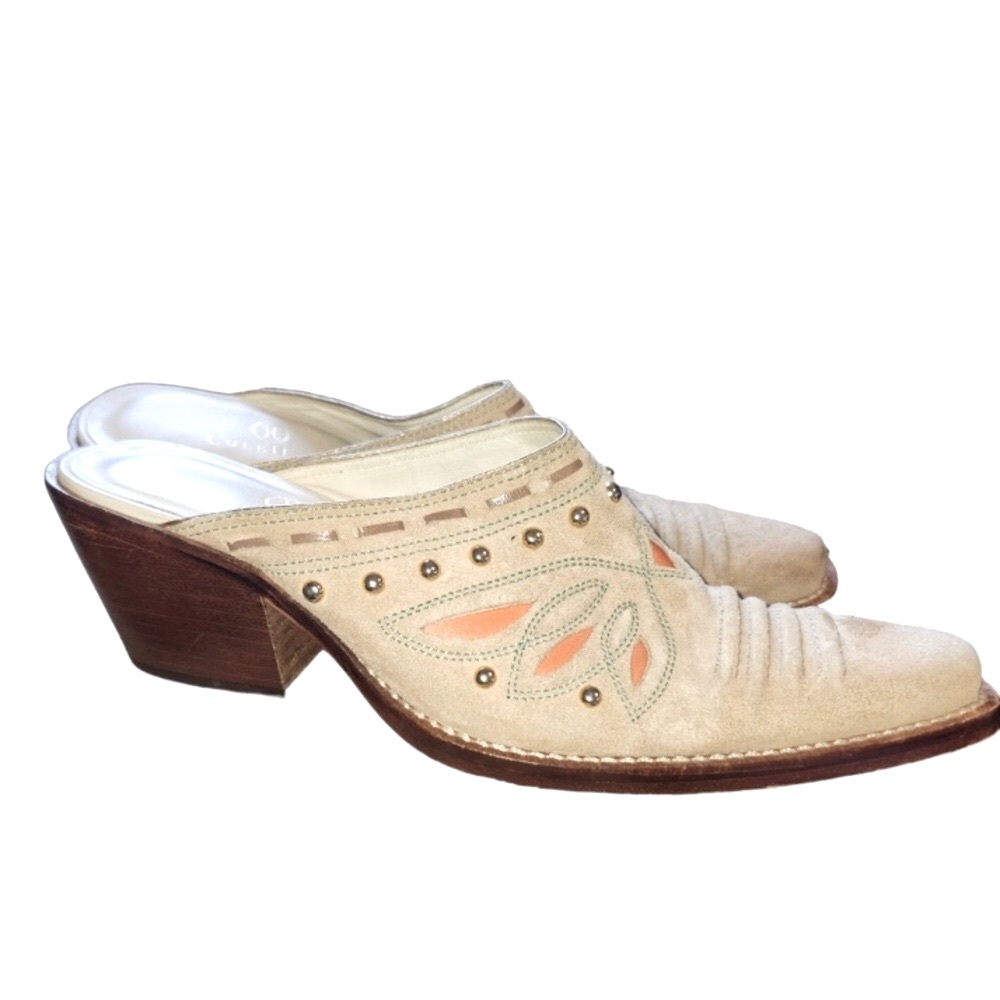 Cole Haan “Morgan” Suede Sandstone Studded Butterfly Laser Cut Western Mules &🎁 - Picture 1 of 8